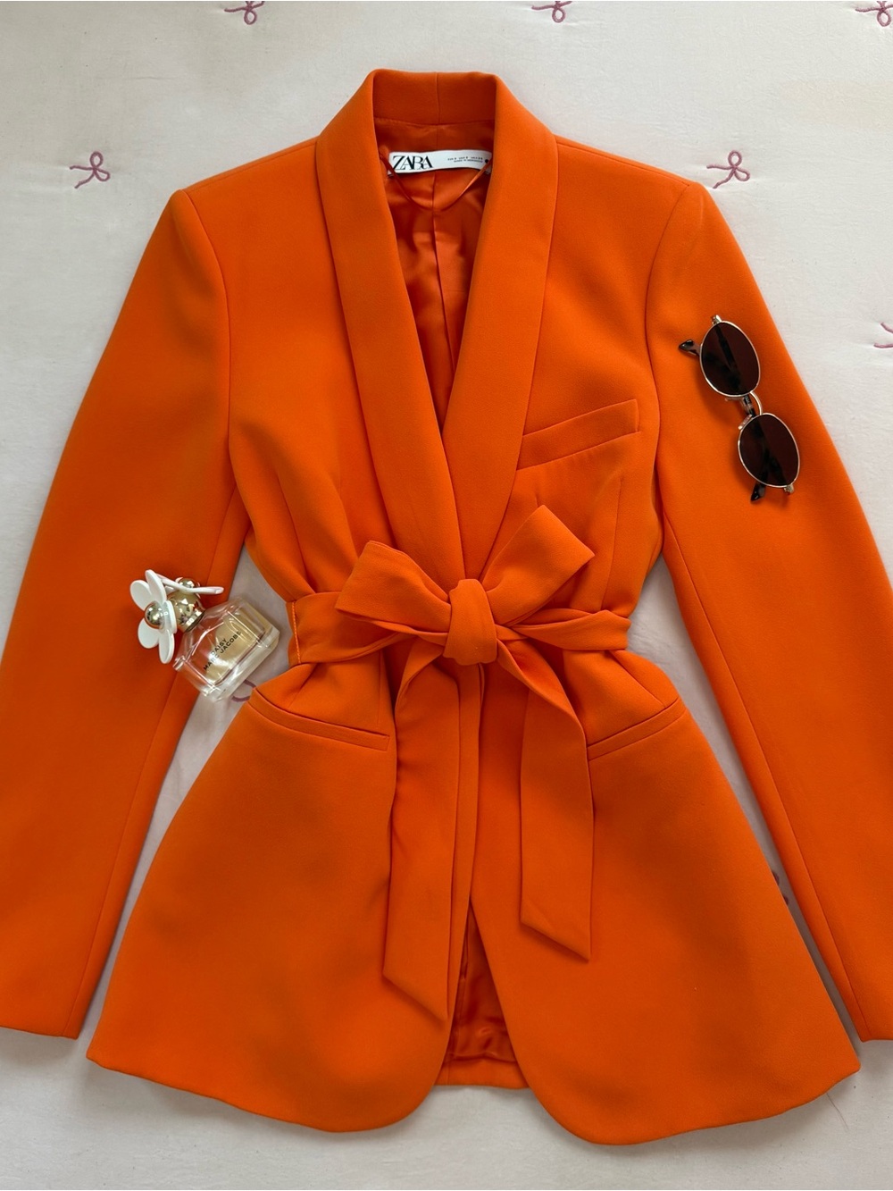ZARA Orange Shawl Collar Belted Blazer - Picture 2 of 5